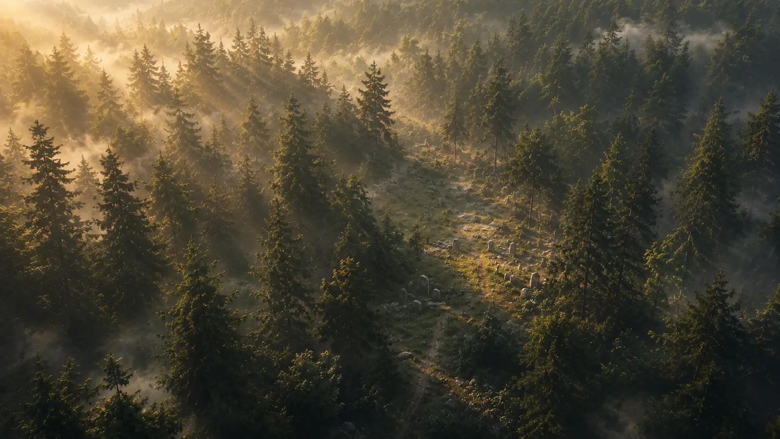 Rising above the trees as the resting place falls away below